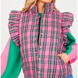 Entro Pink Plaid Ruffle Tartan Puffer Vest NWOT sz Small